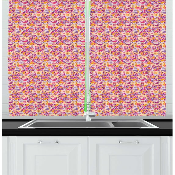 Bird Kitchen Curtains, Abstract Colorful Feathered Animal Peacocks, Two Panels Drapes with Rod Pocket Room Decor, 55" X 45", Hot Pink Dark Magenta, by Ambesonne