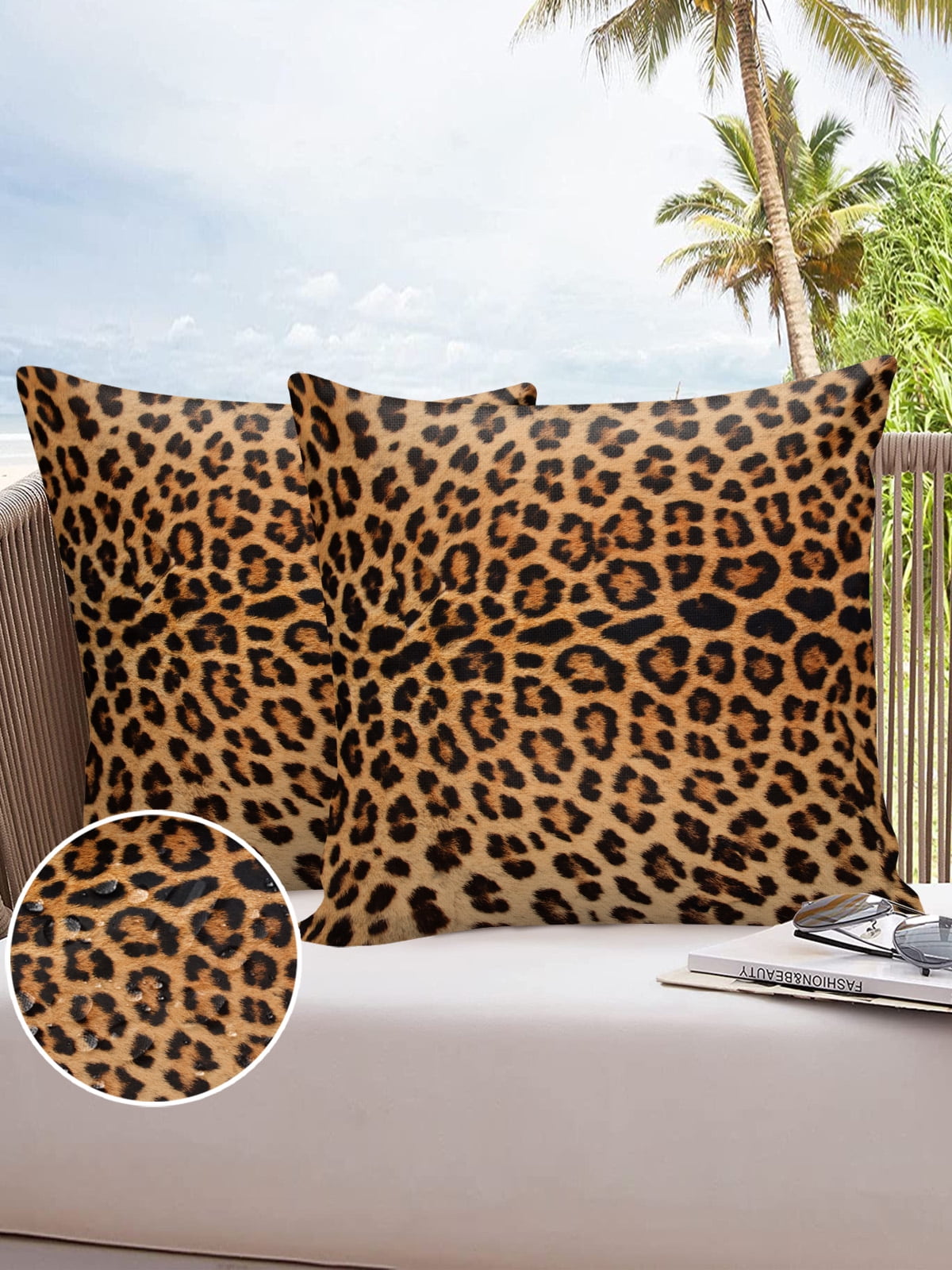Pack of 2 Outdoor Pillow Covers, Leopard Animal Texture Waterproof Square Throw Pillowcase Cushion Decorative Pillow Covers for Couch Patio Tent, 20x20 in