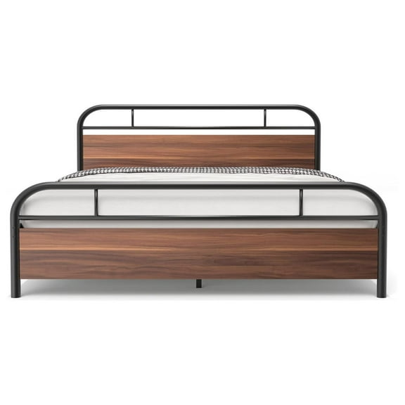 Metal Queen Size Bed Frame with Engineered Wood Headboard and Footboard, Sturdy Platform Base for Mattress Support