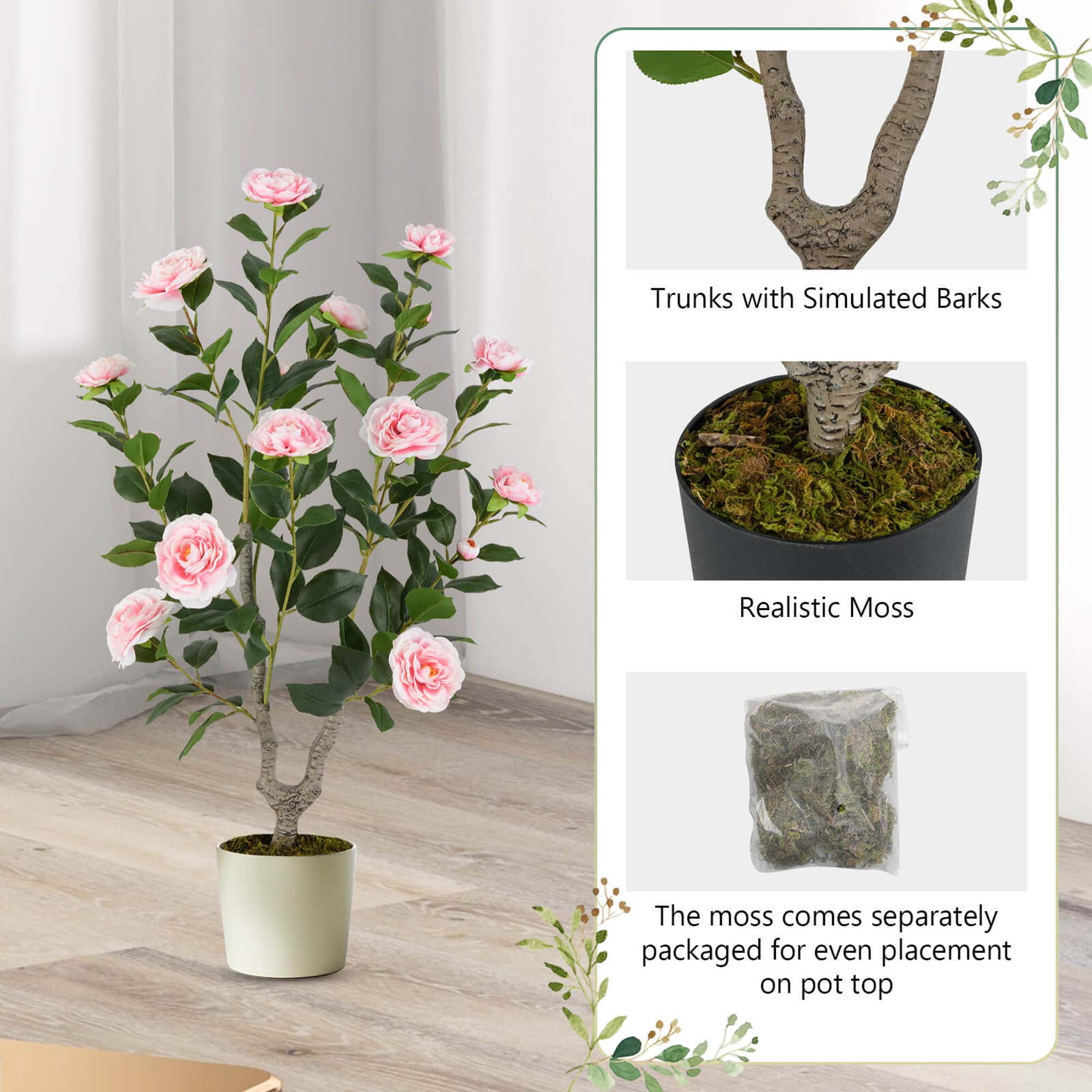 Costway 1 PCS 36" Artificial Camellia Tree Fake Potted Tree Greenery Floral Plant Modern Pink