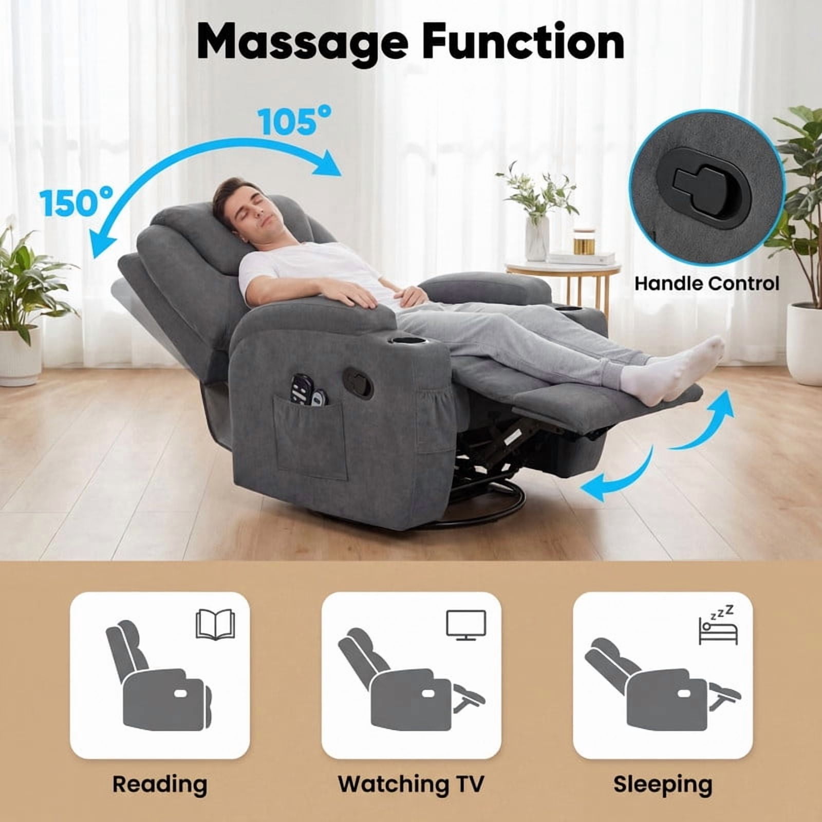 Lacoo PU Leather Swivel Rocker Recliner with Massage for Living Room Small Spaces Lounge Recliner Chair with Side Pockets for Adults,Linen Gray