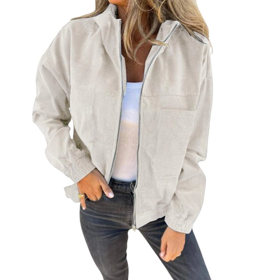 Yokua Women's Corduroy Drawstring Hooded Pocket Zip Up Jacket Loose Shacket Coat