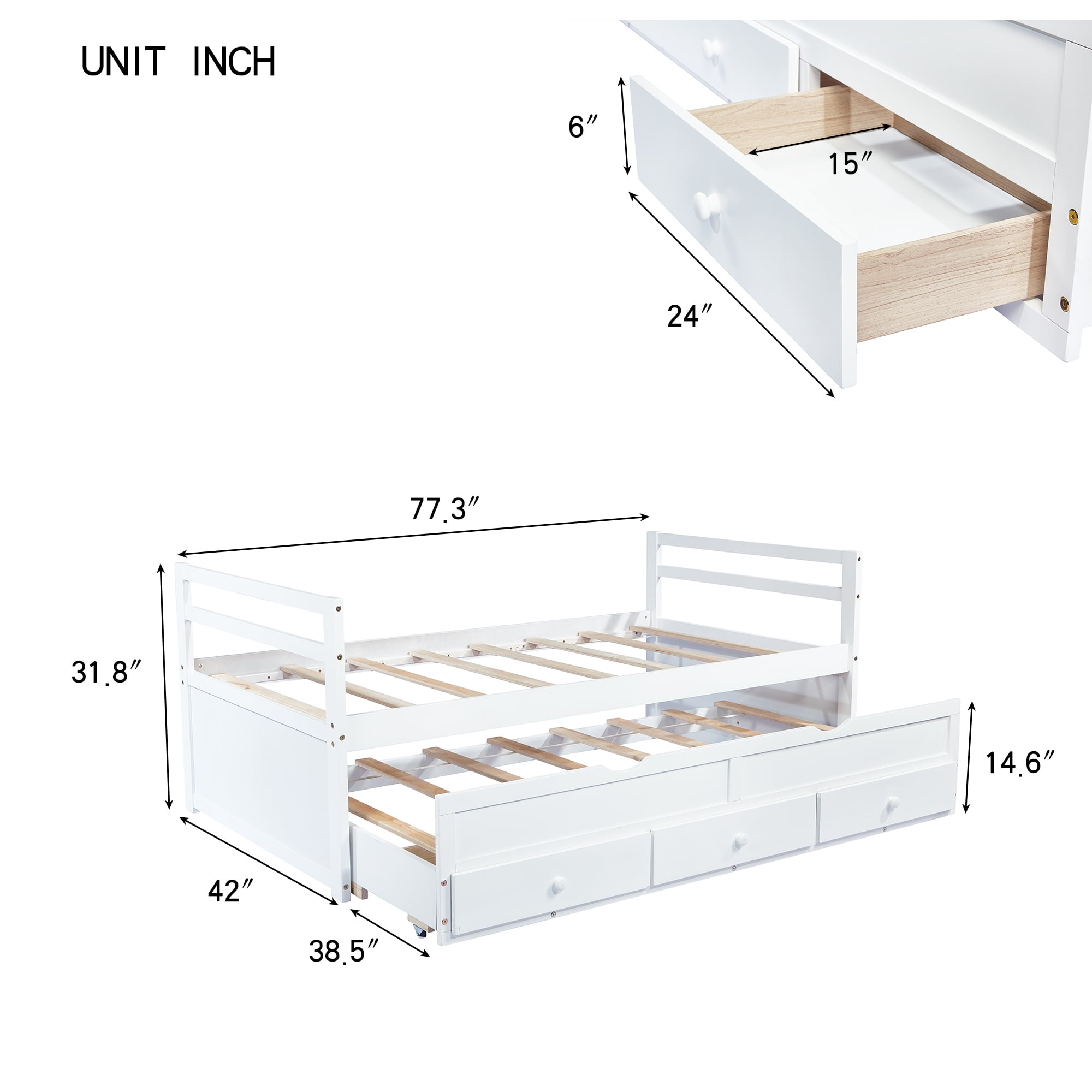 Sailvan Twin Size Bed with Headboard, Footboard, Trundle and 3 Storage Drawers, Pine Wood Bed