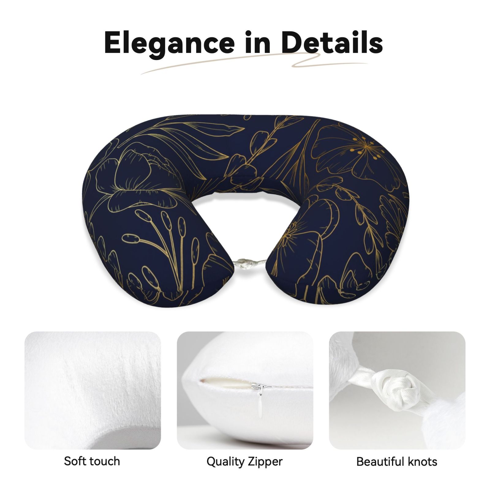 Xecao Copper-Gold Gloss Outline Flower Print Memory Foam Cervical Neck Pillow Versatile U-Shaped Pillows for Home,Office,Camping,Travelling,Soft Washable Cover
