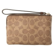 Coach Women's Small Corner Zip Wristlet in Signature Canvas (Tan / Brown)