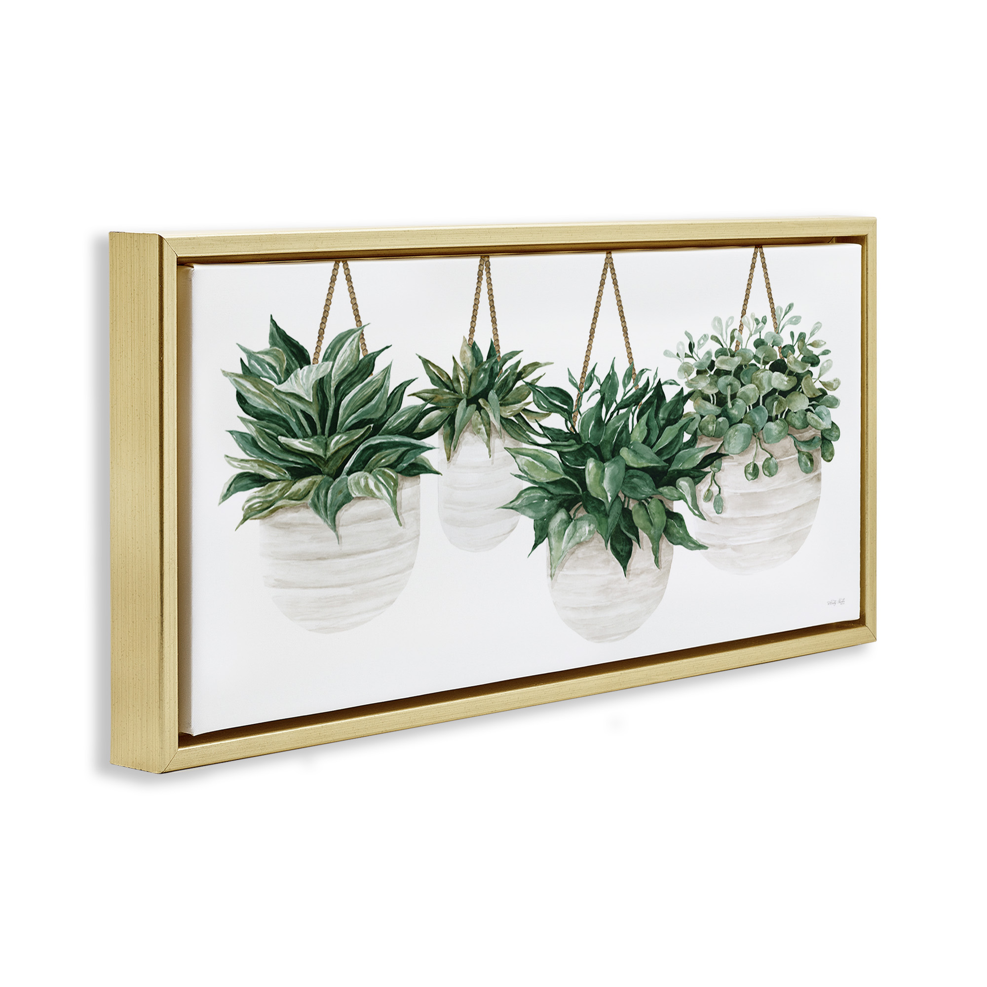 Stupell Industries Hanging Planters House Plants Botanical & Floral Painting Gold Floater Framed Canvas Art Print Wall Art, 25 x 11