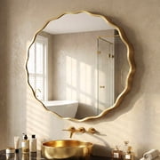 Fahomiss 24 Round Mirror, Gold Wall Mirror with Wavy Frame for Bathroom Vanity