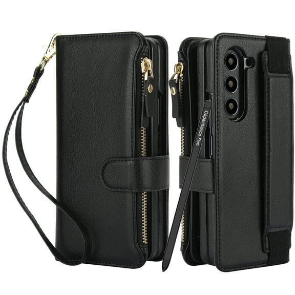 Dteck for Samsung Galaxy Z Fold 3 Wallet Case with Card Holder Zipper Pocket, Built-in S Pen Holder/Stylus/Wrist Strap/Kickstand, Soft PU Leather Protective Cover for Z Fold3,Black