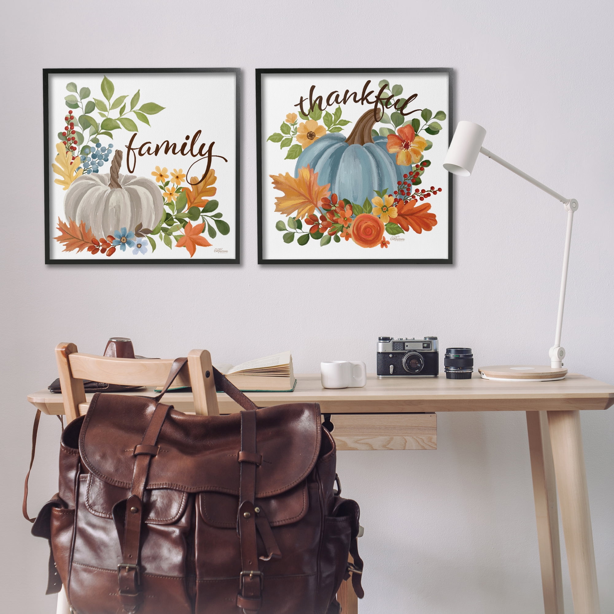 Stupell Industries Family Thankful Fall Pumkin Botanical & Floral Painting Black Framed Art Prints Wall Art, 24 x 24, Set of 2