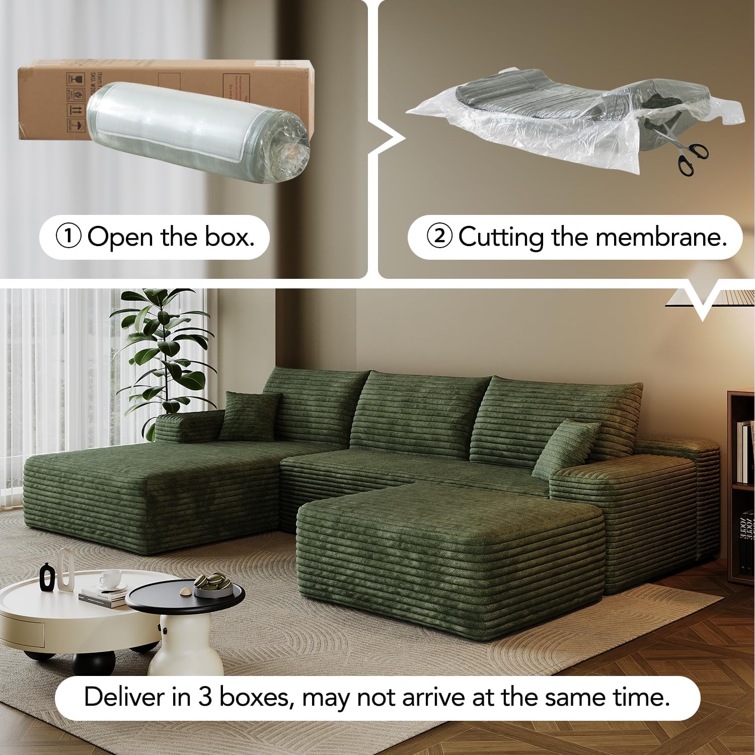 103" Cloud Sectional Sofa, Modern L Shaped Deep Seat Couch, Plush Corduroy Upholstered Sofa No Assembly, Living Room