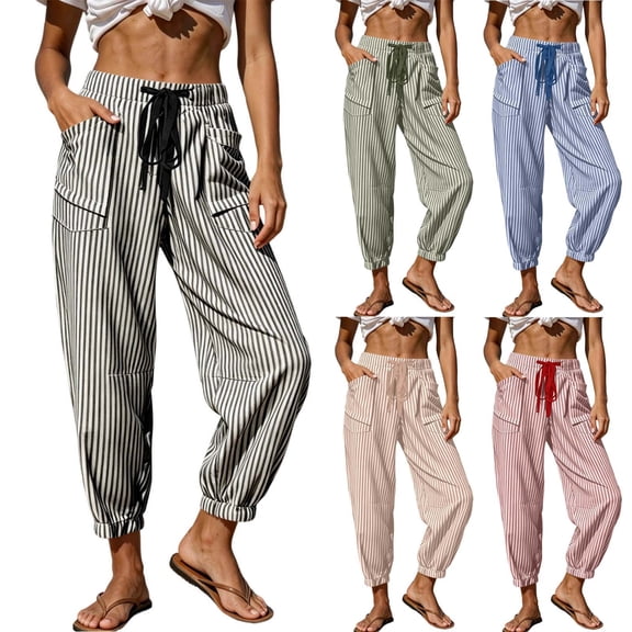 Zulora Women Stylish Striped High Waist Drawstring Pants Casual Elastic Cuffed Ankle Joggers with Pockets