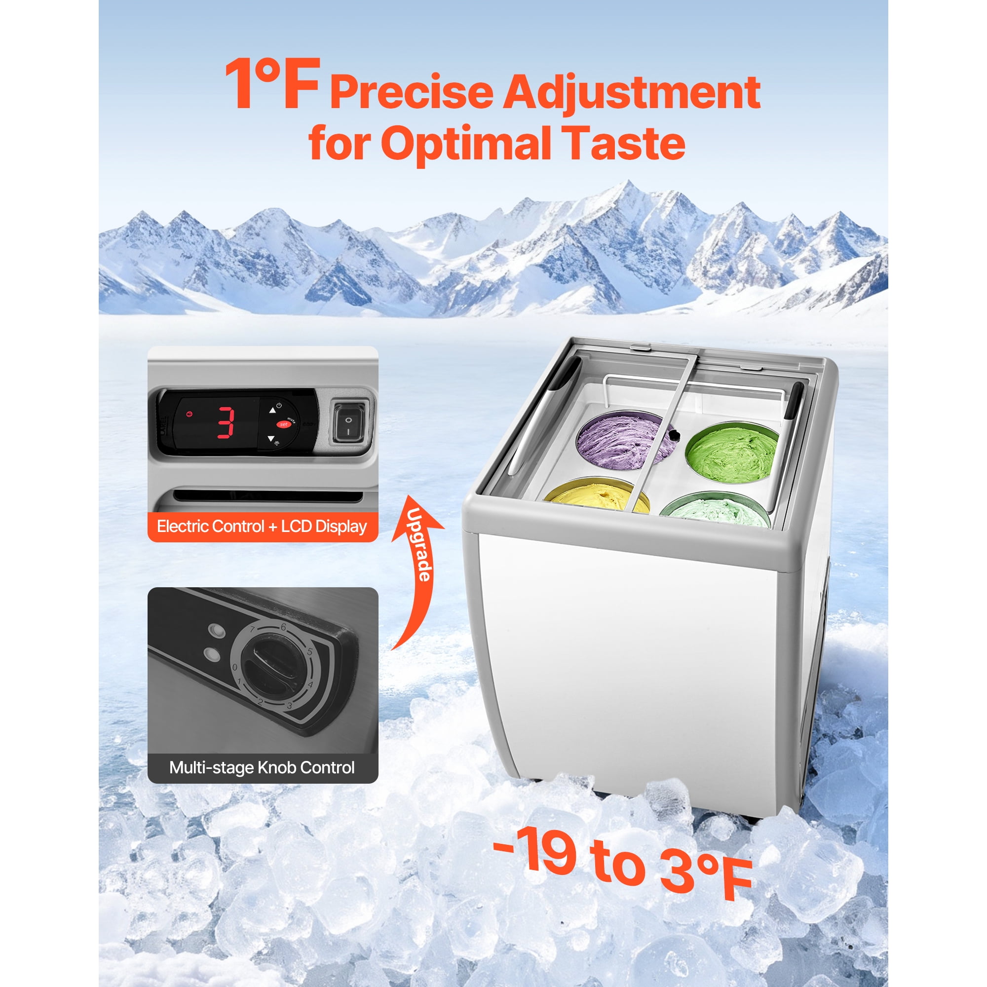 KFFKFF Commercial Ice Cream Display Case, 5.6 Cu.ft Chest Freezer, Gelato Dipping Cabinet for Restaurants, Deep Freezer with Casters, Sliding Glass Door, LED Lighting, Fits 4 Ice Cream Tubs