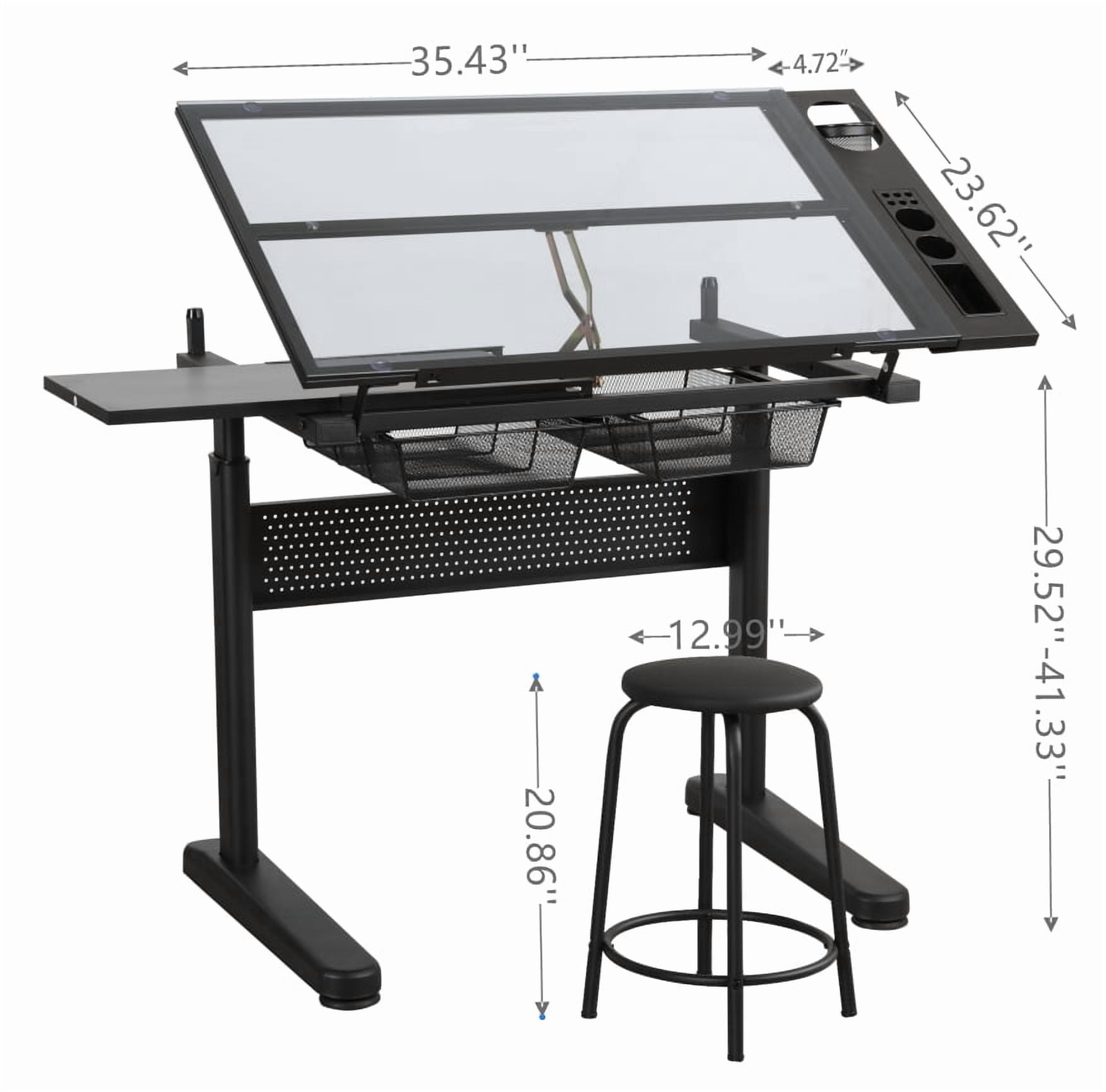 Hand Crank Adjustable Drafting Table Drawing Desk With 2 Metal Drawers, With Stool