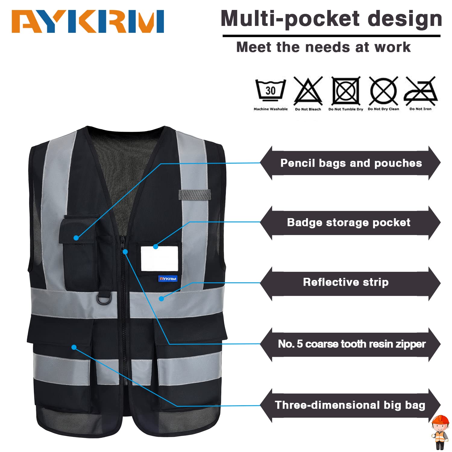 A-SAFETY Reflective Security Safety Vests Heavy Duty with 7 Pockets and Front Zipper