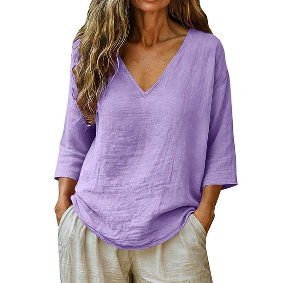 Linen Womens Tops, Womens Linen Tops 3/4 Sleeve V-Neck Linen Cotton Tunic Blouse, Casual Peasant Shirts Breathable Soft Beach Vacation Tees Loose Flow Shirts for Holiday Leisure Activities