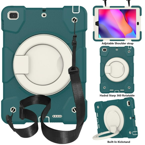 ELEHOLD Military Grade Shockproof Case For iPad mini 5/mini 4, Heavy Duty Protection Ring Stand Cover, Adjustable Angel, Detachable Shoulder Strap, Dark Green