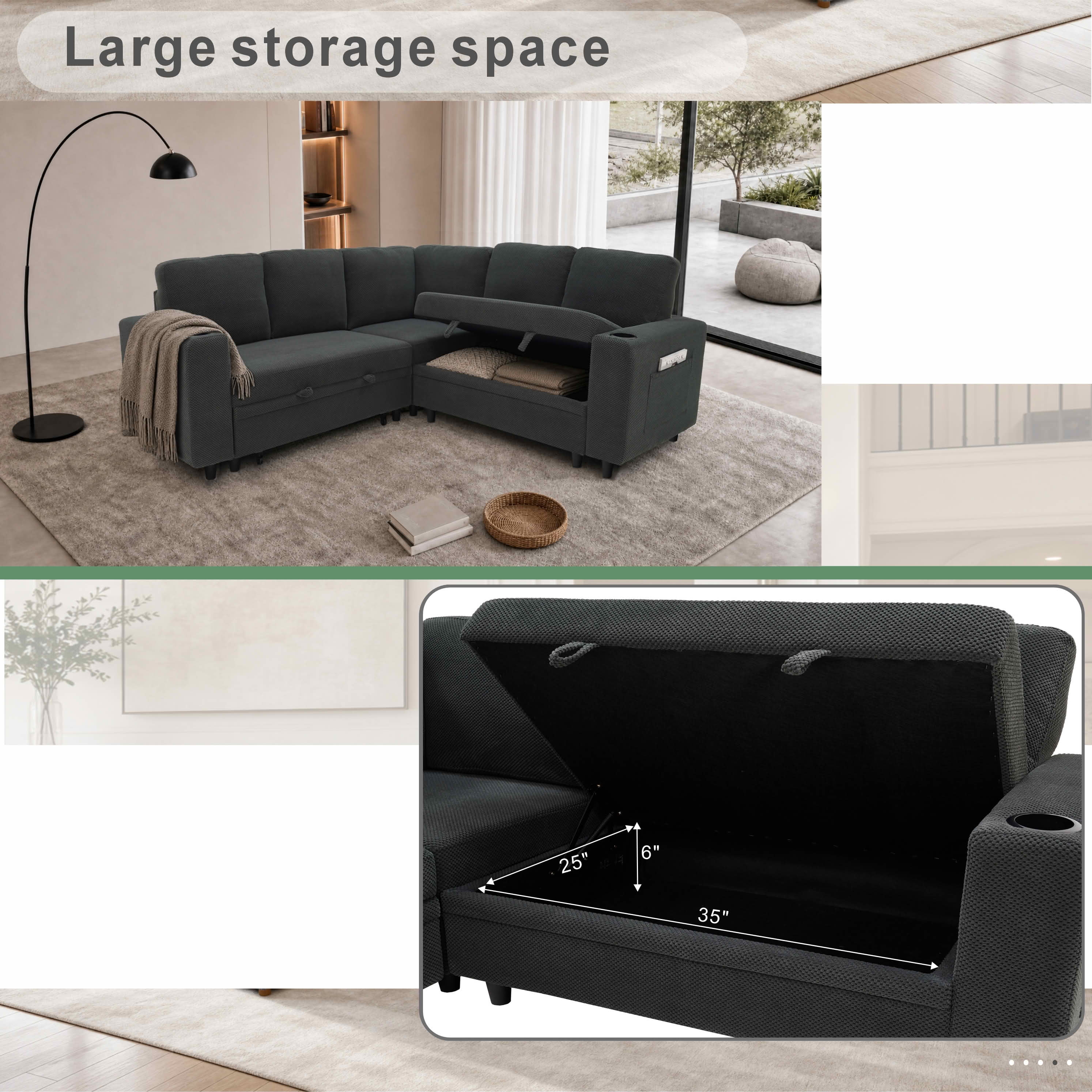 MAYEERTY 76.5 Inch L‑Shape Convertible Sectional Sofa Bed, Nubby Fabric Corner Couch with Pull‑Out Sleeper, Storage, Cup Holders and Side Pockets