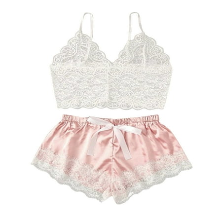 

TFDZ Womens Pajama Sets Womens Pajama Sets Women New Sexy Fashion Lace Lingerie Silk Underwear Sleepwear Pajamas Satin Pink