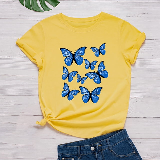 Hauts d'Été pour Femmes Grande Taille Mode Femmes Imprimé Papillon Manches Courtes Col Rond Hauts Graphiques Fantaisie T-Shirt Col en V Femmes en Liquidation