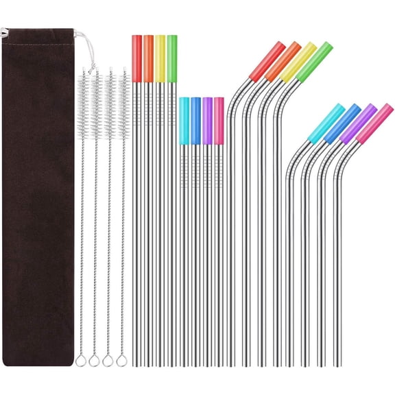 Ustris 20PCS Reusable Stainless Steel Straws with Travel Case Cleaning Brush Silicone Tips Eco Friendly Extra Long Metal Straws Drinking for 20 24 30 oz Tumbler