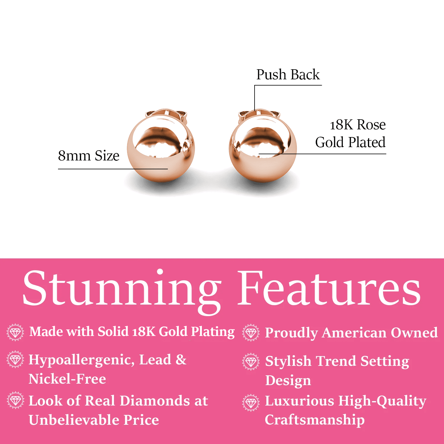Cate & Chloe Harper Brass Rose Gold Plated 8mm Round Ball Women's Dainty Stud Earrings