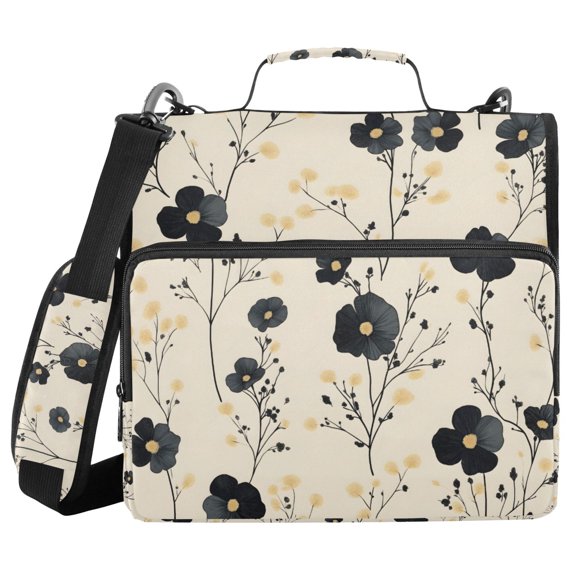 FORMRS Zipper Binder with Shoulder Strap 2-inch Ring 500 Sheet Capacity File Bag, Small Black Flowers