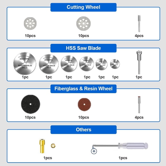 DASAW-Cutting Wheel Set Compatible with Rotary Tool with 1/8" Shank, 545 Diamond Cut-Off Wheel 20 pcs, HSS Saw Blade 6pcs, Fiberglass Cutting Wheel 10pcs, Resin Cutting Discs 10pcs,1 Screwdriver,1 Co