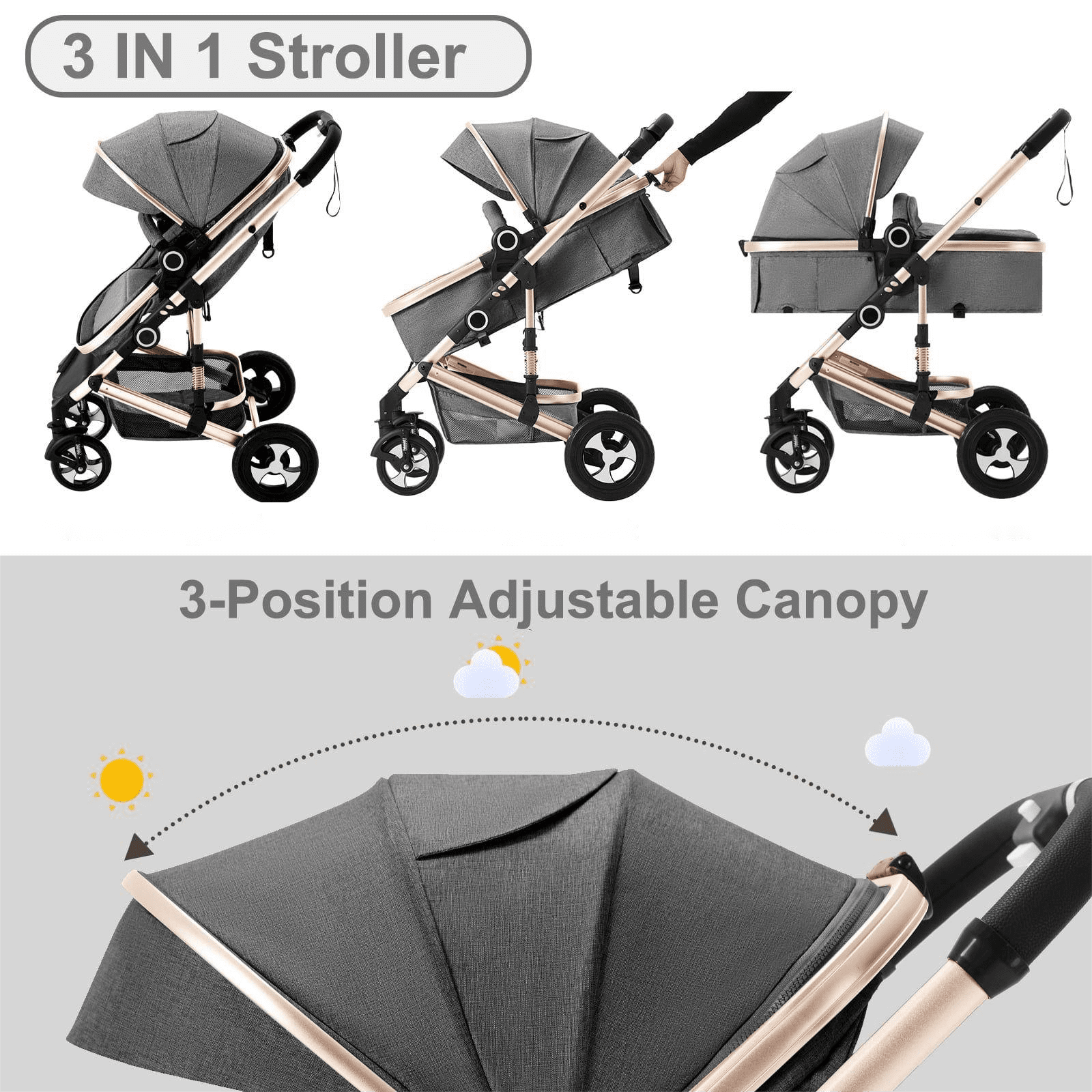 LINLUX 2 in 1 Baby Stroller w/ Diaper Bag & Big Wheel, Infant Pushchair, 23 Pounds, Rose Gold