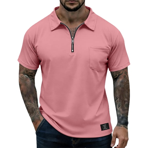 Men Short Sleeve Polo Shirt with Zipper Collar Casual Fit Pocket Design Lightweight Material for Daily Wear Pink XL