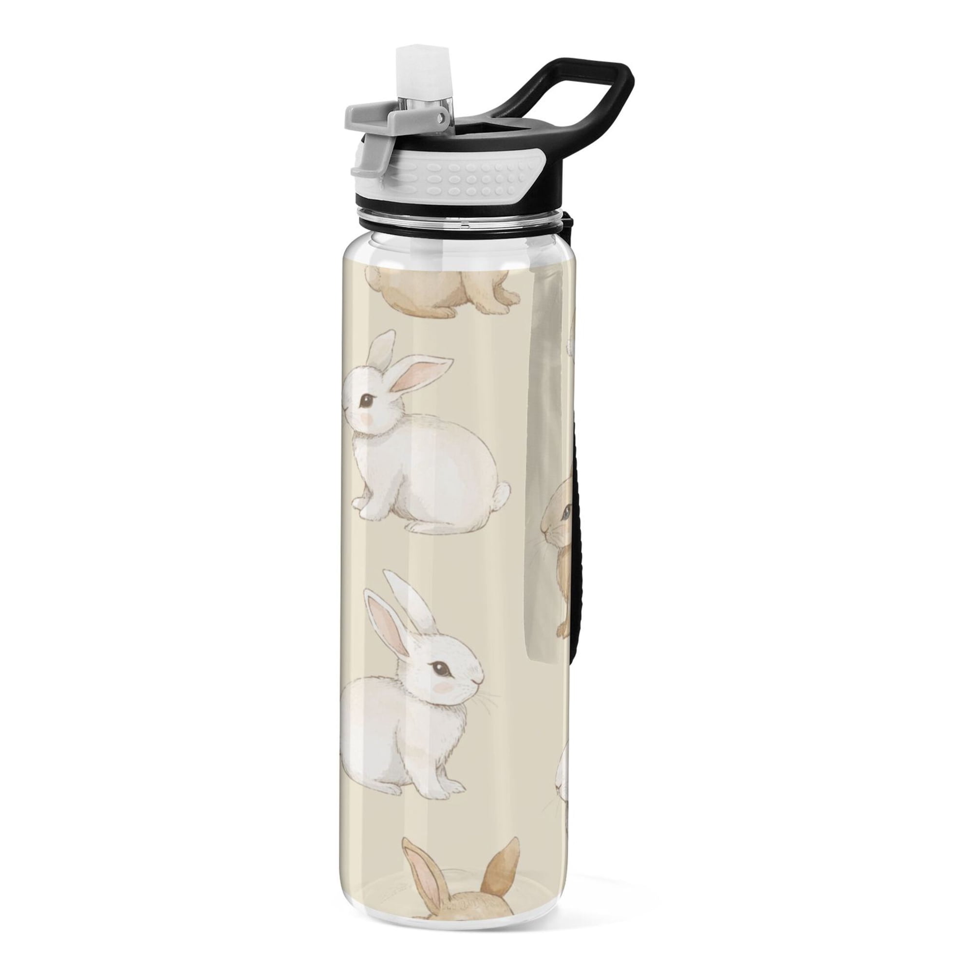 32oz Transparent Sports Water Bottle with Straw for Kids Adults Outdoor School Gym Fitness Bunnies Pattern