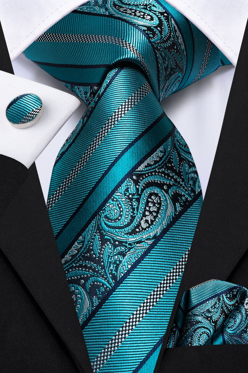HiTie Mens Teal Paisley Ties Set for Wedding Silk Necktie with Pocket