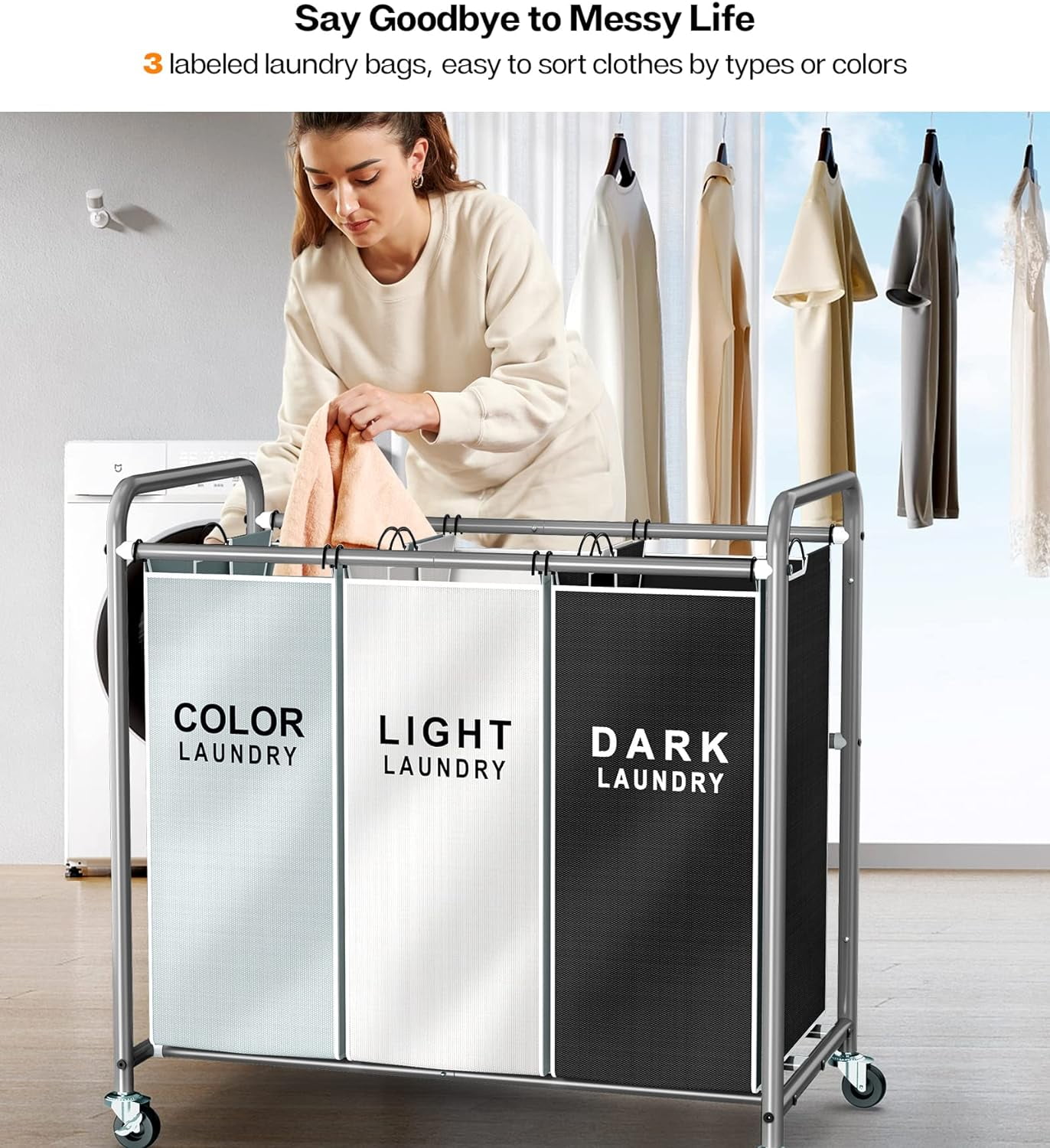 Laundry Sorter 3 Section, Separated Laundry Basket with Wheels, Rolling Laundry Hamper Cart with Large Capacity and Removable Bags, Divided Clothes Hamper for Family Laundry, Multicolor
