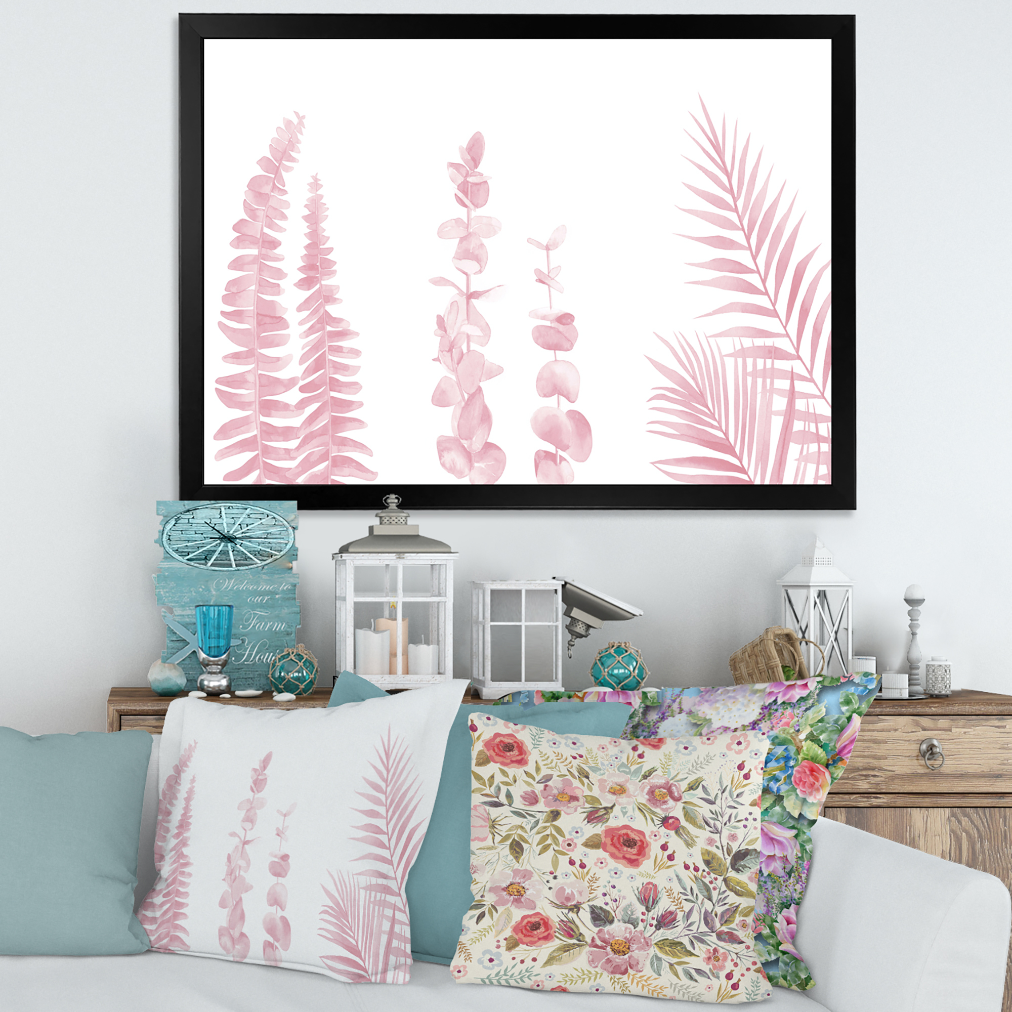 Designart 'Palm Branches and Blush Pinkeucalyptus' Shabby Chic Framed Art Print