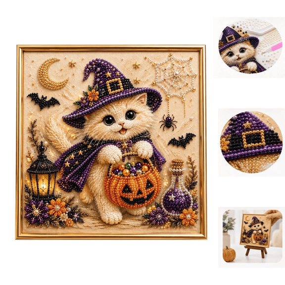 Spooky Cute Halloween Ghost Pearl Art DIY Kit, 3D diamond art kits for adults beginner, Ghost Companion Witch Cat Painting, Full All-Inclusive Supply, Farmhouse Halloween Decor Craft Gifts B
