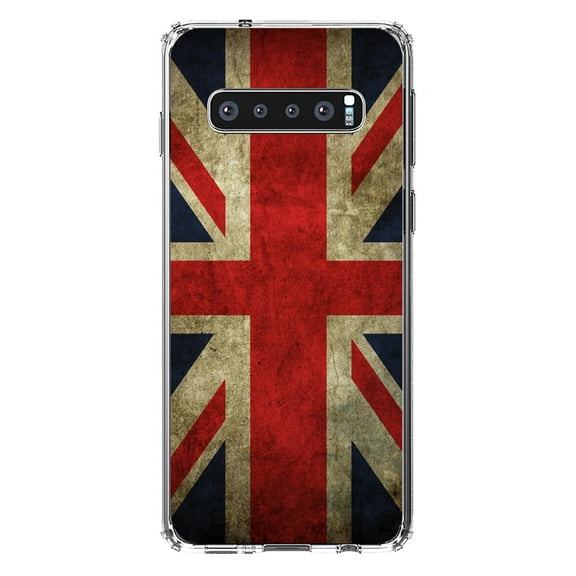 DistinctInk Clear Shockproof Hybrid Case for Samsung Galaxy S10 (6.1" Screen) - TPU Bumper, Acrylic Back, Tempered Glass Screen Protector - Red White Blue British Flag Old - the UK