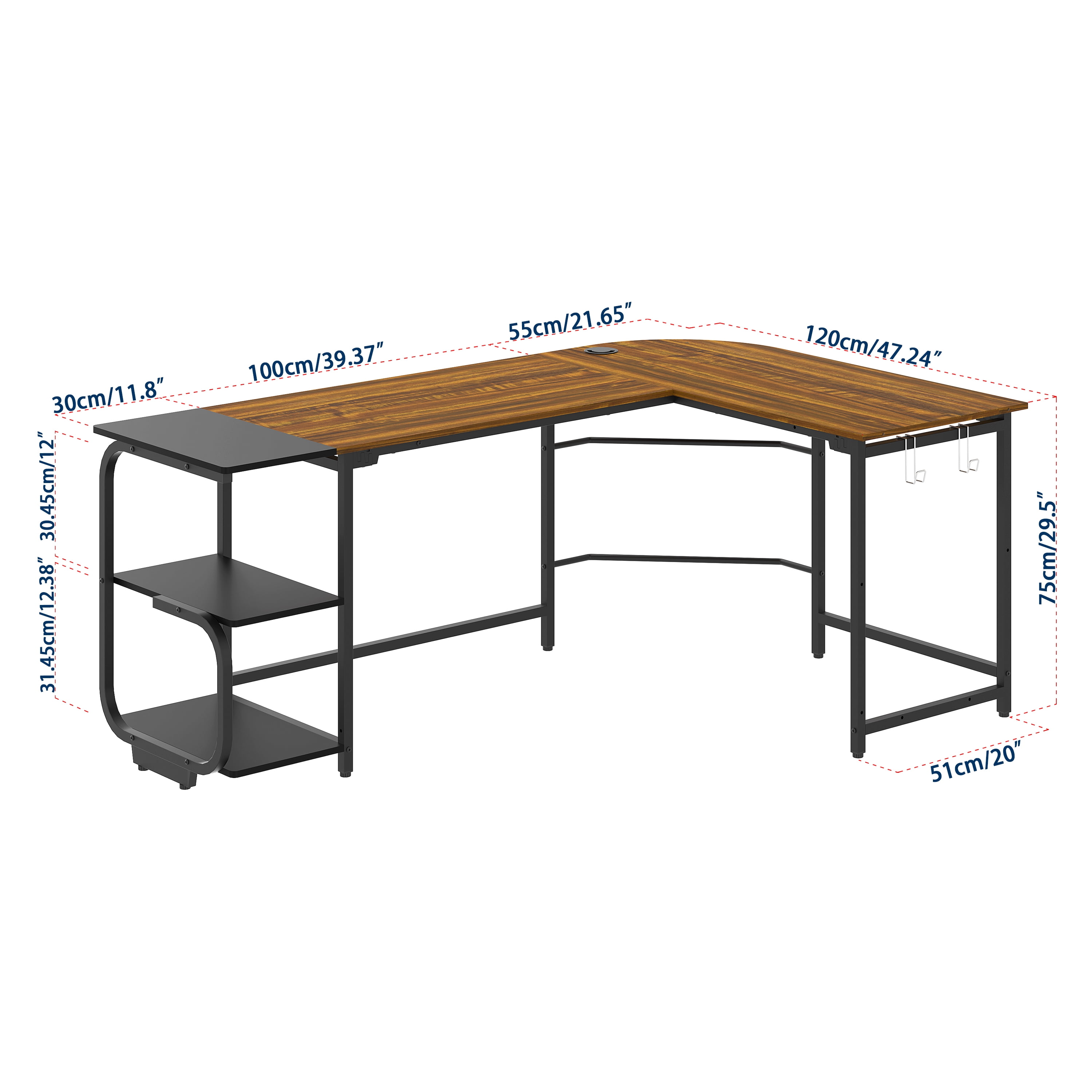 Yoneston Large 70" L-Shape Computer Desk with 2 Bookshelf Storage and Hooks, Home Office Workstation Table Furniture - Brown Teak