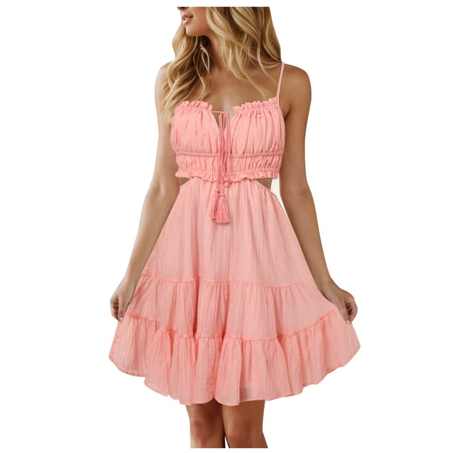 Vestido de playa con cuello en V y estampado floral para mujer 2025 - Tirantes finos con lazo en la parte delantera - Vestido boho informal de verano - Tejido de gasa
