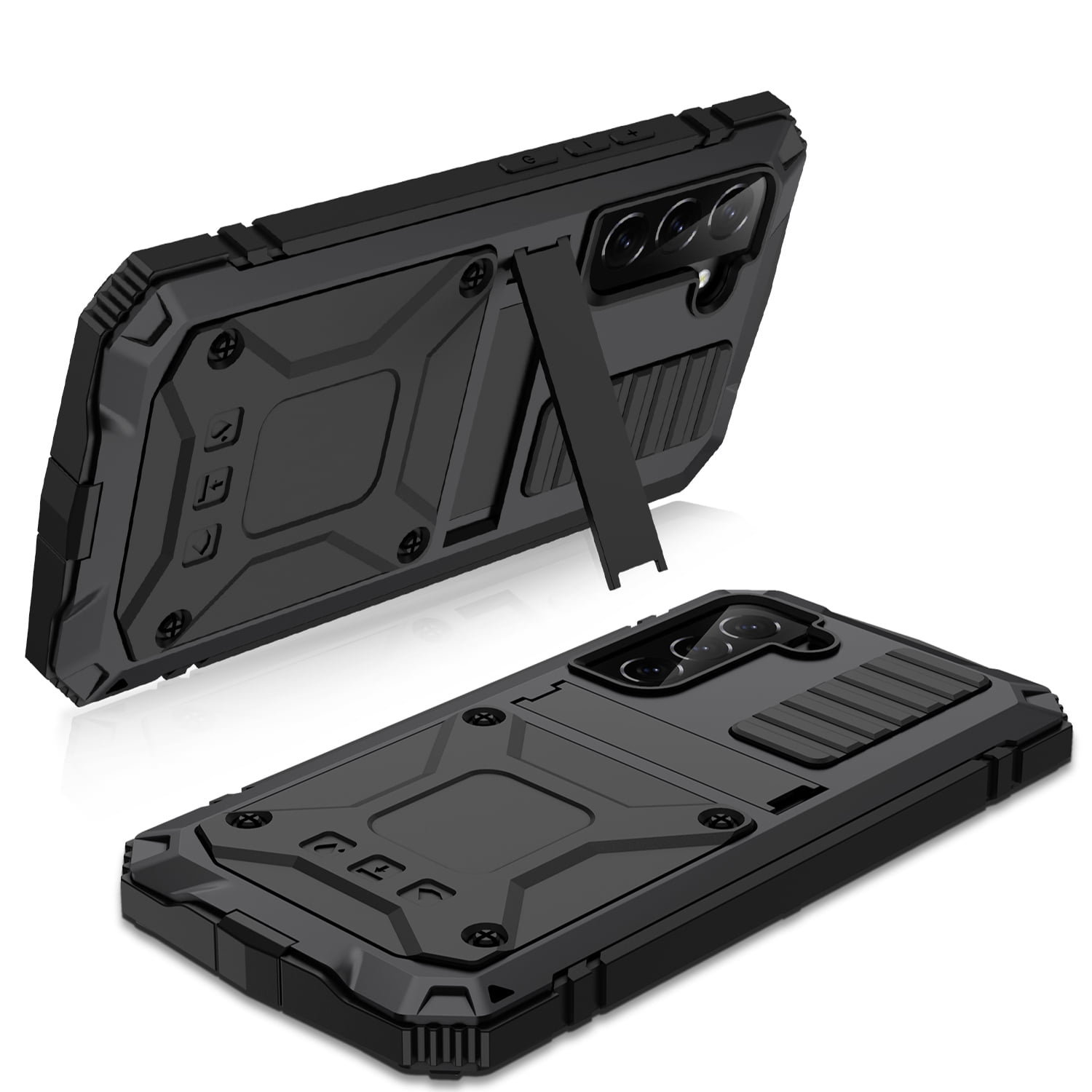 Samsung S21 FE Rugged Full-Body Case, Metal Bumper Built-in Screen Protector&Kickstand,Dustproof Drop-Proof,Full Body Protection Heavy Duty Rugged Military Cover For Samsung Galaxy S21 FE, Black
