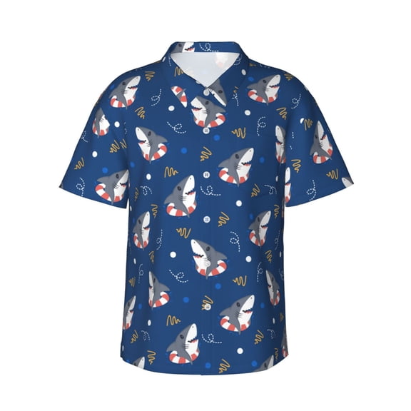Kuqiui Cute Shark Pattern Men's Casual Button-Down Shirts Hawaiian Shirt Short Sleeve-Medium