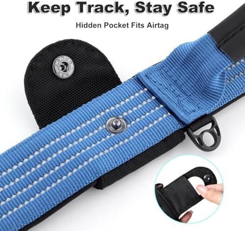 Tactical Dog Collar with Tracker Pocket for AirTag, Adjustable Reflective Nylon Collar, Metal Buckle, Leather-Wrapped Handle, Soft Padded for Medium Large Dogs (Blue, L)