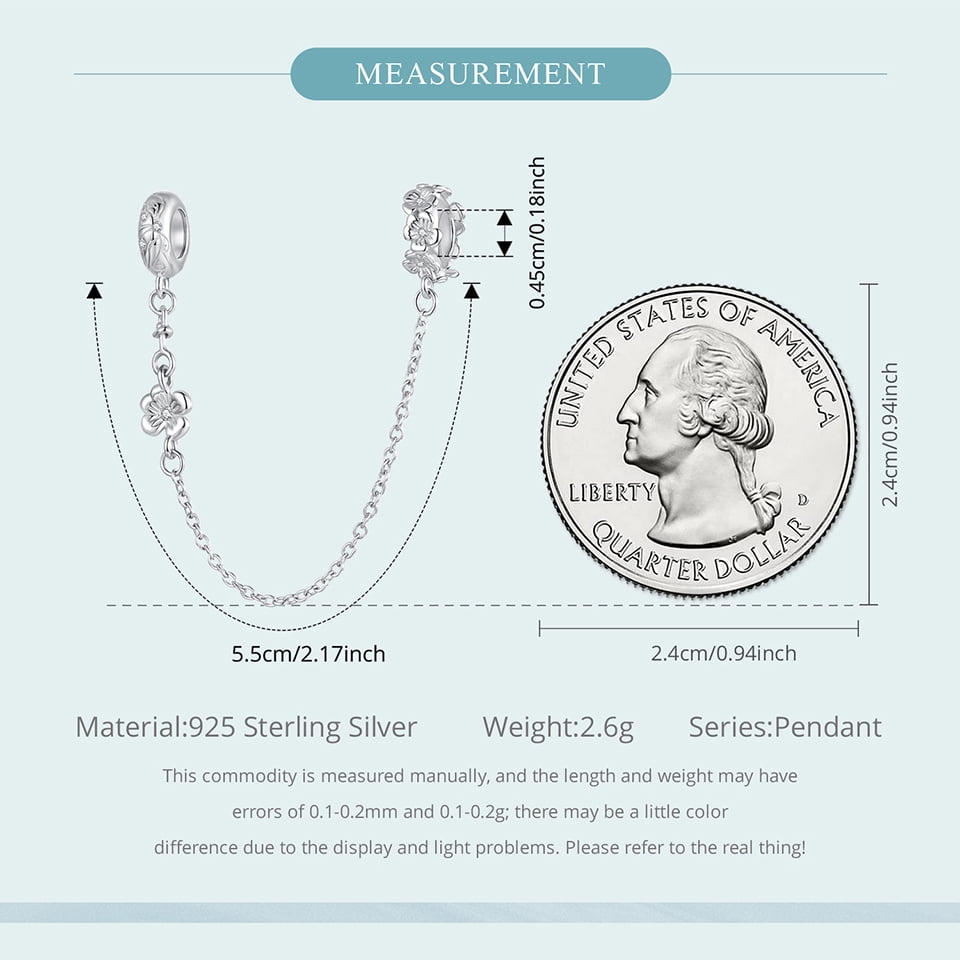 Floral Safety Chain Charm  , Genuine 925 Sterling Silver, Compatible with Most Charm Bracelet