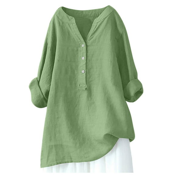 Yuanlong Womens T-Shirt Plain Full Sleeve V-Neck Buttons Down T Shirts Fall Outing Relaxed Ladies For Long Blouse Tops