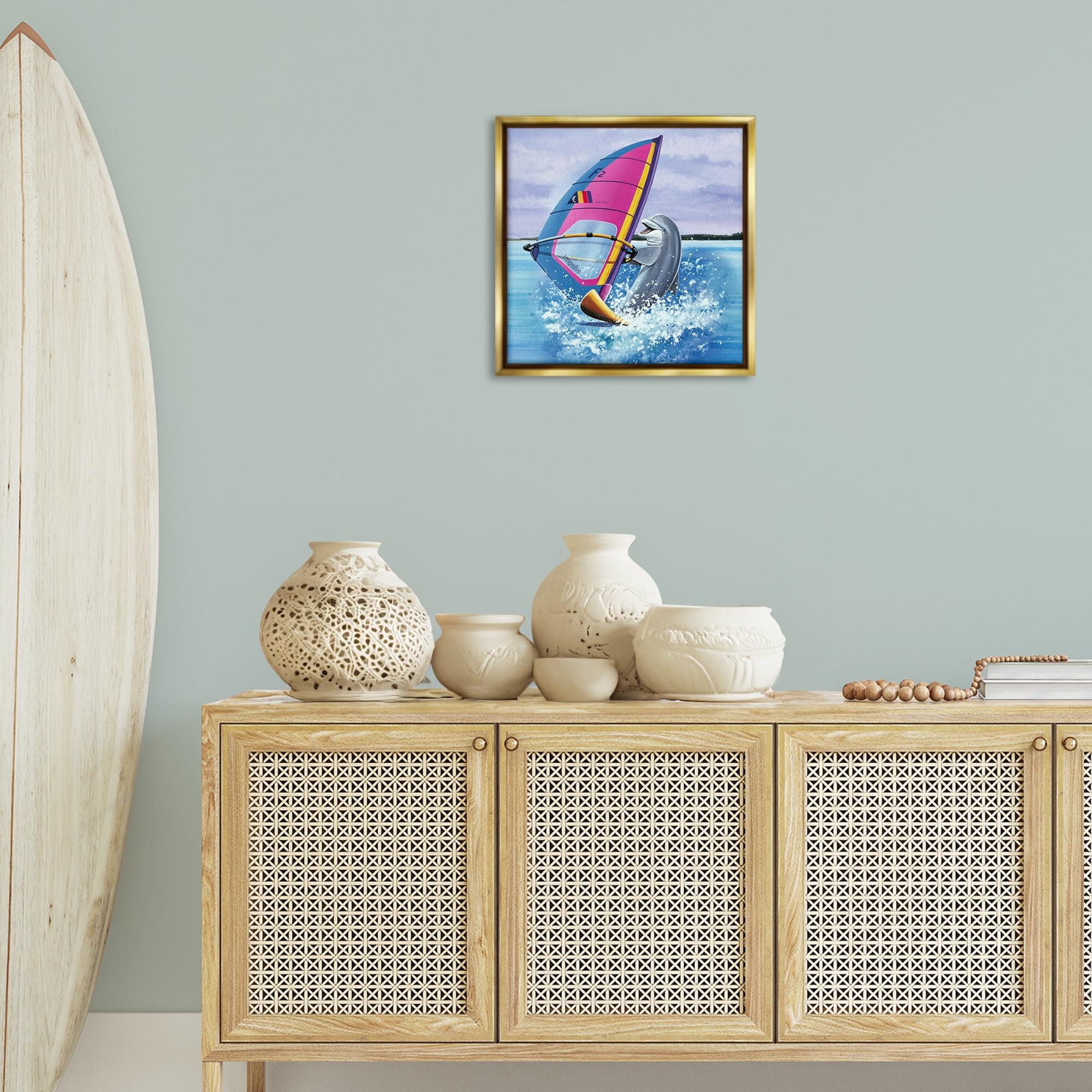 Stupell Industries Wind Surfer Dolphin Animals Painting Gold Floater Framed Canvas Art Print Wall Art, 18 x 18