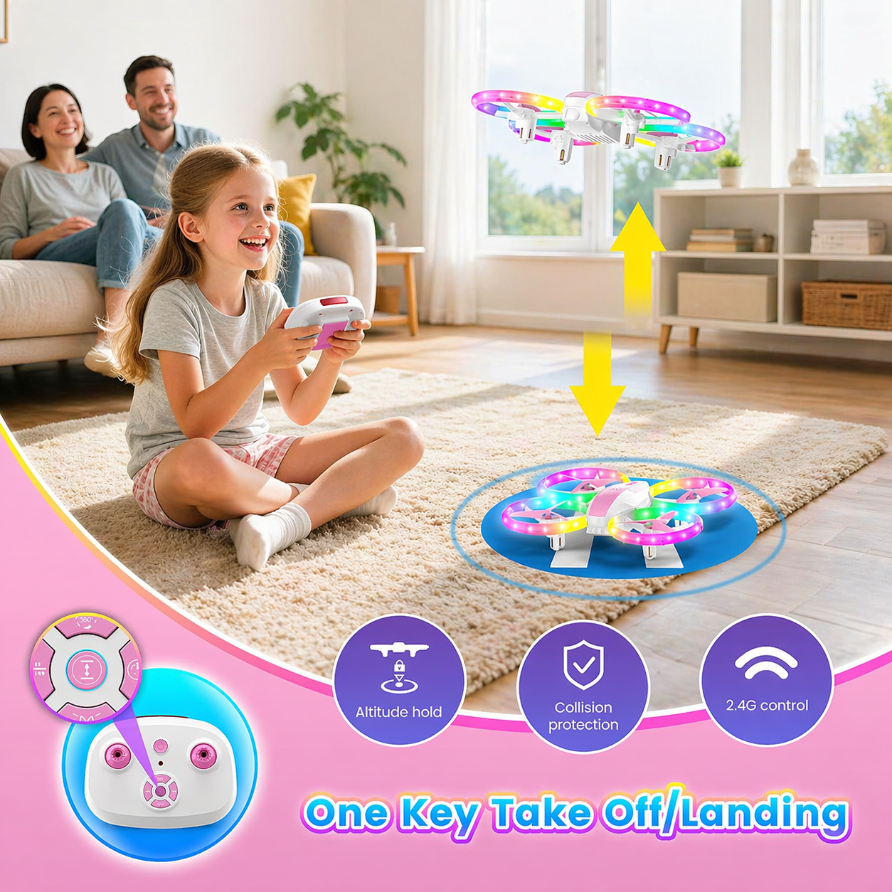 Kid Drone for Kids, Drone for Kid with LED Lights, Mini Drone for Kid, Toy Drone Quadcopter Remote Controls Drone for Children Boys Girls, Small Flying Toy for Kid Pink