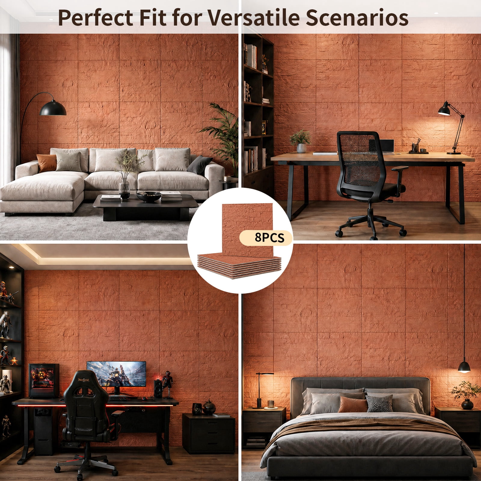 BEAUTYPEAK 8PCS 24"x 24" 3D Wall Panels Lightweight Wall Decor Panels for Home, Reddish Orange