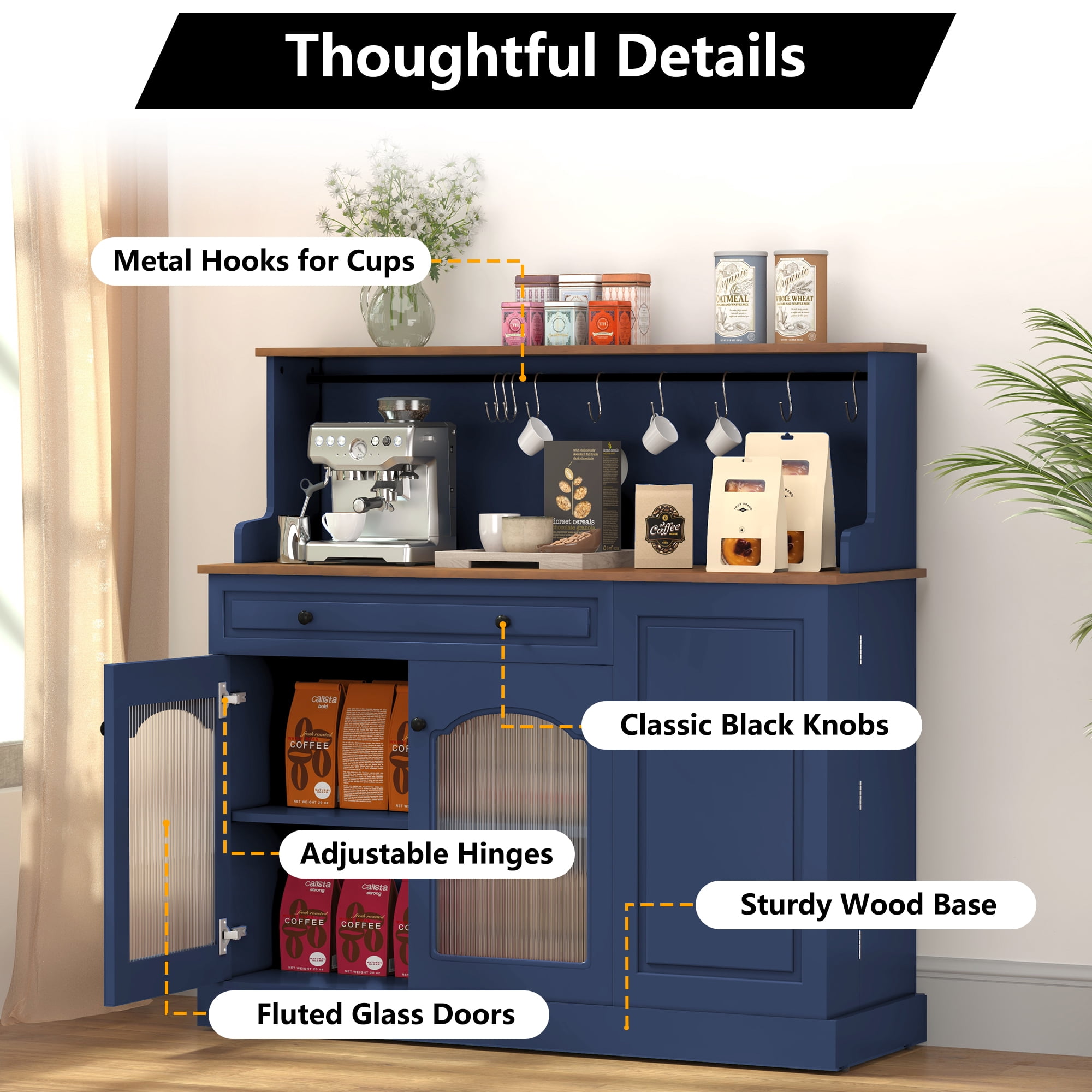 CBJCBJ 48" Modern Wood Kitchen Pantry Cabinet, Coffee Bar with Drawer & Microwave Stand, Dining Room,Blue