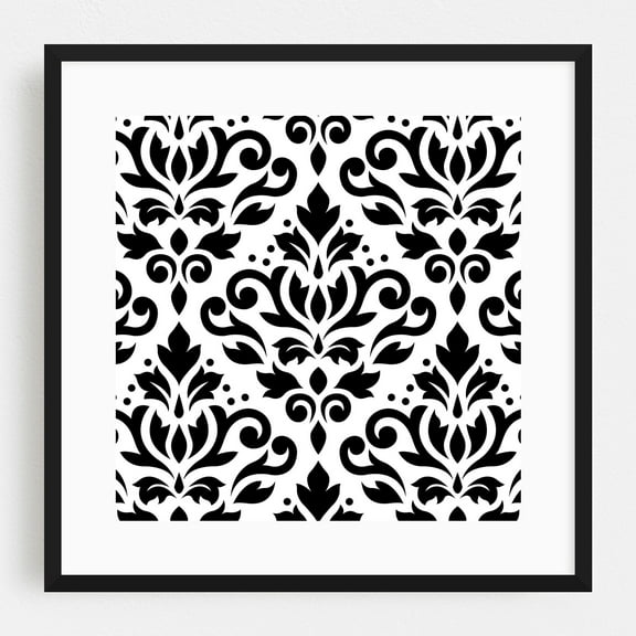 Scroll Damask Large BW Pattern - Digital Art Pattern Floral Geometric Art Deco Black and White Abstract Black Framed Wall Art Print 8 x 8 inches
