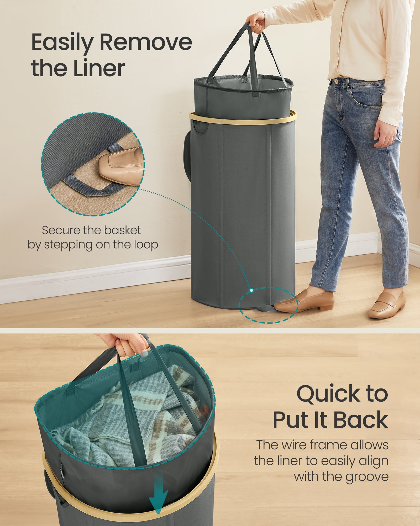 SONGMICS Laundry Hamper, Laundry Basket with Lid, 23.8 Gal. (90 L), with Removable Liner Bag, for Laundry Room, Bedroom, Living Room, Slate Gray