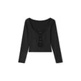 thumbnail image 2 of Seyurigaoka Women Casual T-Shirt Spring Autumn Long Sleeve Square Neck Low-Cut Hollow Out Crop Tops Sexy Plain Skinny Bottoming Shirts, 2 of 9