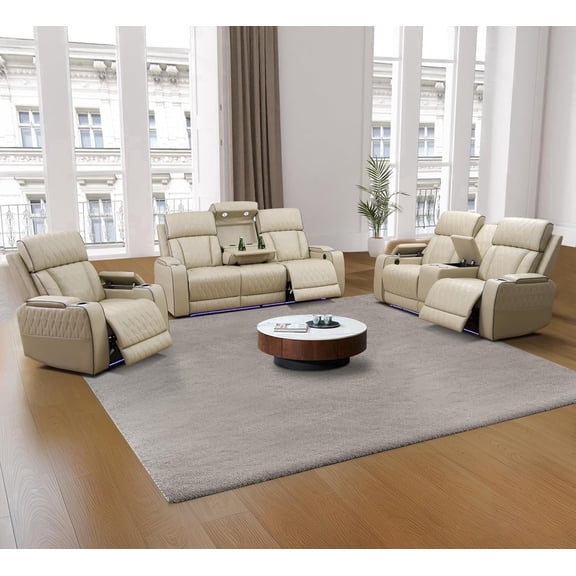 3-Piece Power Recliner Sofa Set, Beige Faux Leather Living Room Furniture with Wireless Charger, USB Ports, Cup Holders, Storage & Hidden Touch Reading Light, Electric Reclining Sofa, Loveseat,Chair